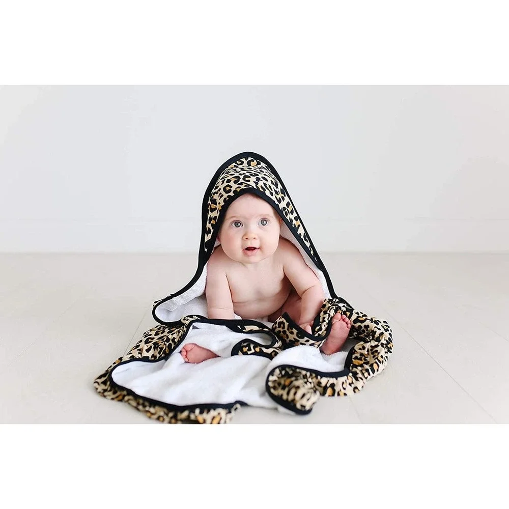 Posh Peanut Lana Tan Leopard Ruffled Hooded Baby Towel Viscose Bamboo 40x40